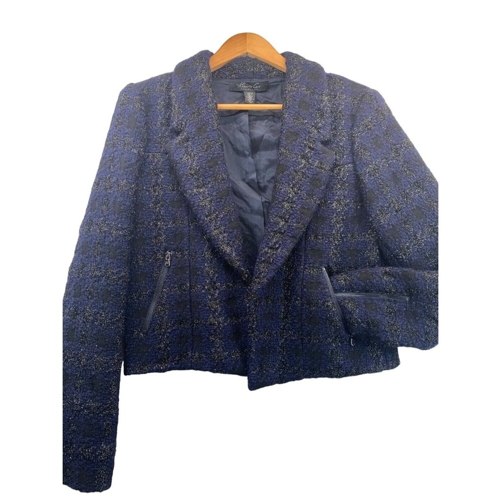 Kenneth Cole Womens Blazer Jacket Sz L Black/Blue Plaid Boucle Modern City Biz